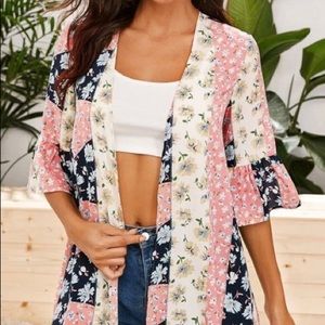 Patchwork Floral Design Kimono/Cardigan Cover Up Ruffled 3 Quarter Cuff Sleeves